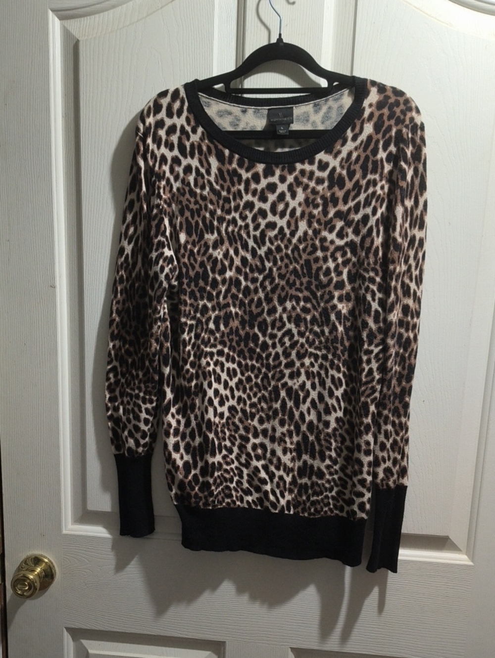 Worthington Leopard Print Long Sleeve Sweater with Black Trim